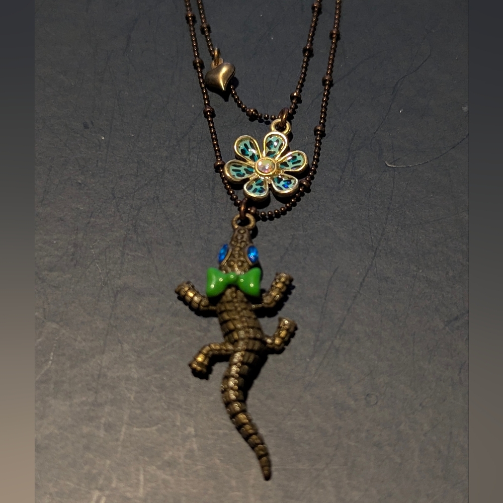 Betsey Johnson Bronze Alligator Necklace with Green Bow